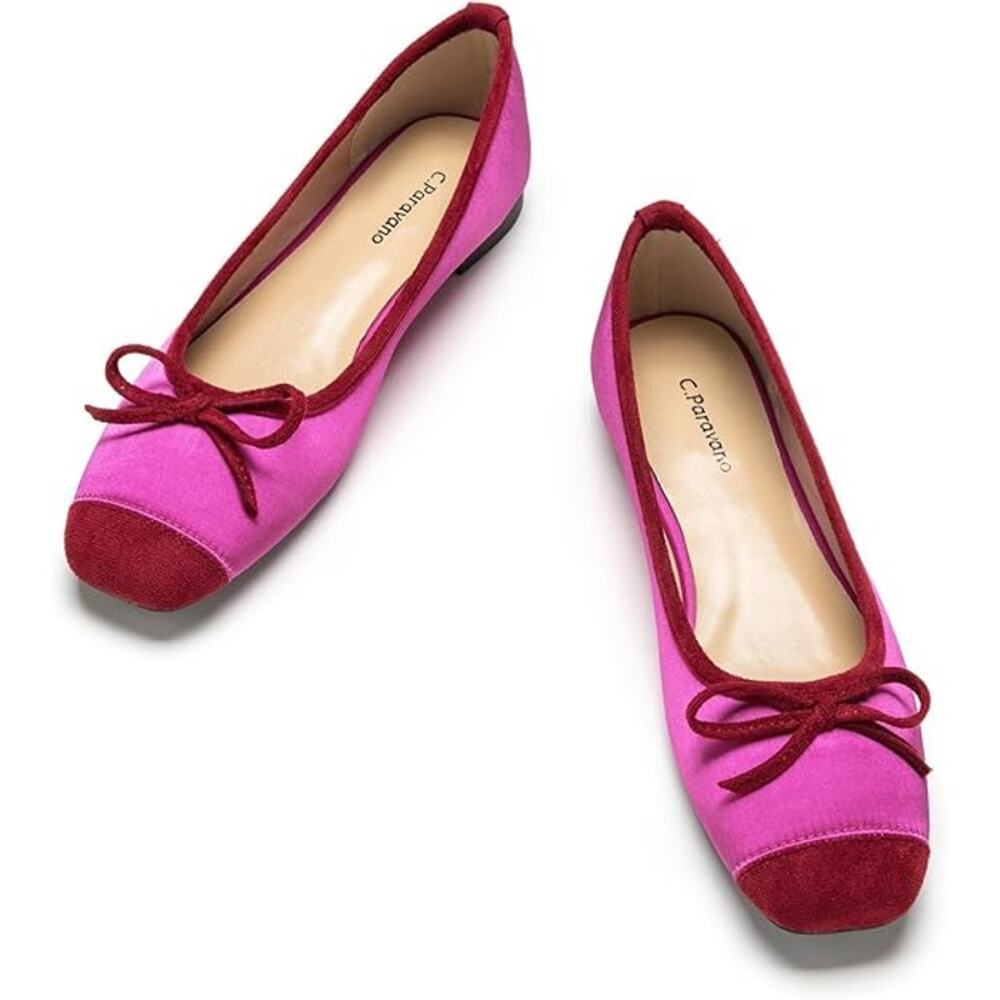 C. Pavarino Pink and Burgundy Bow Ballet Flats